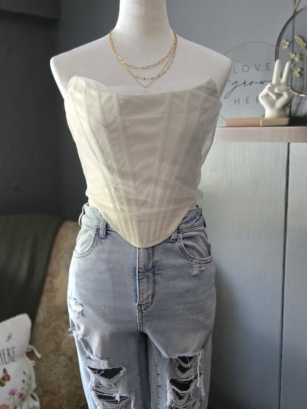 Ivory Sheer Mesh Corset Top